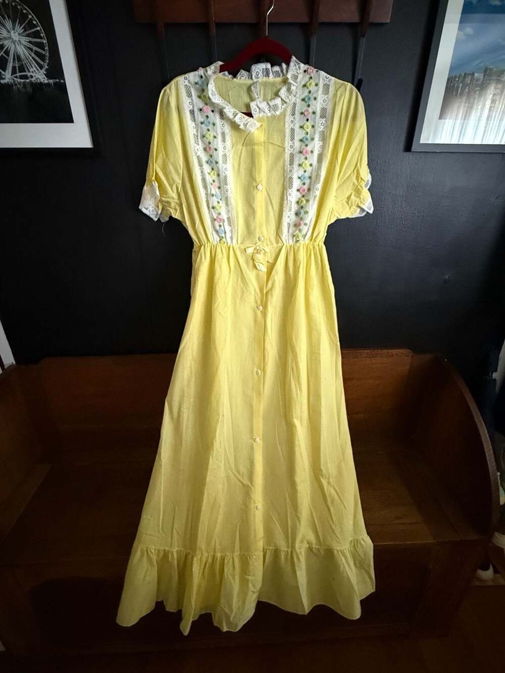 Vintage Yellow Floral Embroidered Lace Trim Maxi House Dress